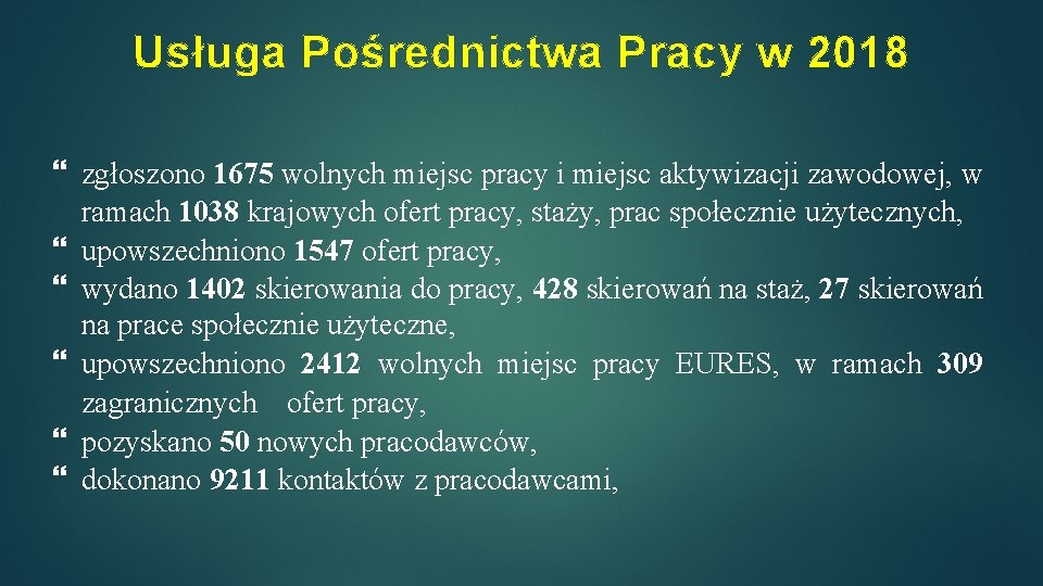 Usługa Pośrednictwa Pracy w 2018 zgłoszono 1675 wolnych miejsc pracy i miejsc aktywizacji zawodowej,