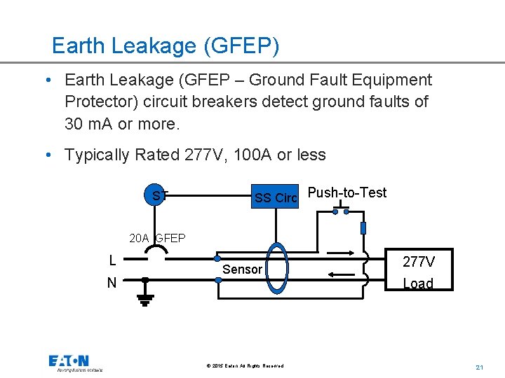 Earth Leakage (GFEP) • Earth Leakage (GFEP – Ground Fault Equipment Protector) circuit breakers
