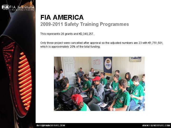 FIA AMERICA 2009 -2011 Safety Training Programmes This represents 26 grants and € 2, FIA AMERICA 2009 -2011 Safety Training Programmes This represents 26 grants and € 2,