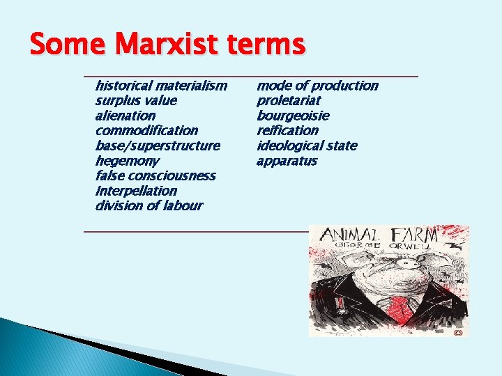 Some Marxist terms historical materialism surplus value alienation commodification base/superstructure hegemony false consciousness Interpellation