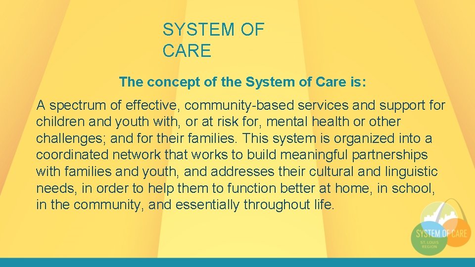 SYSTEM OF CARE The concept of the System of Care is: A spectrum of