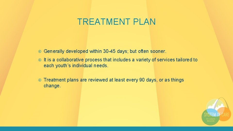 TREATMENT PLAN Generally developed within 30 -45 days; but often sooner. It is a