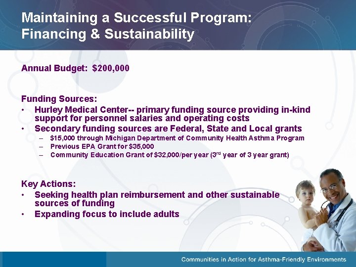 Maintaining a Successful Program: Financing & Sustainability Annual Budget: $200, 000 Funding Sources: •