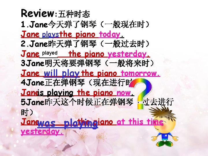 Review: 五种时态 1. Jane今天弹了钢琴（一般现在时） plays the piano today. Jane__ 2. Jane昨天弹了钢琴（一般过去时） played Jane____ the