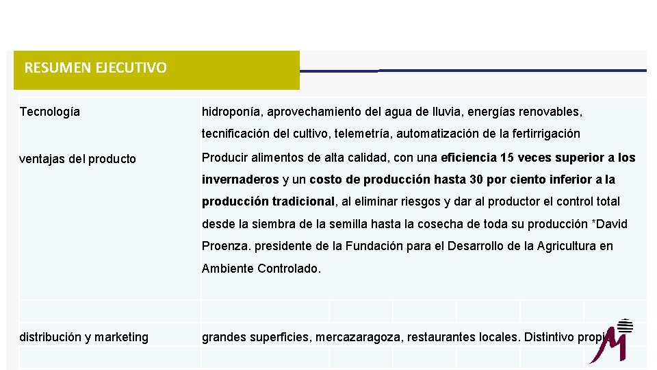 RESUMEN EJECUTIVO Tecnología hidroponía, aprovechamiento del agua de lluvia, energías renovables, tecnificación del cultivo,