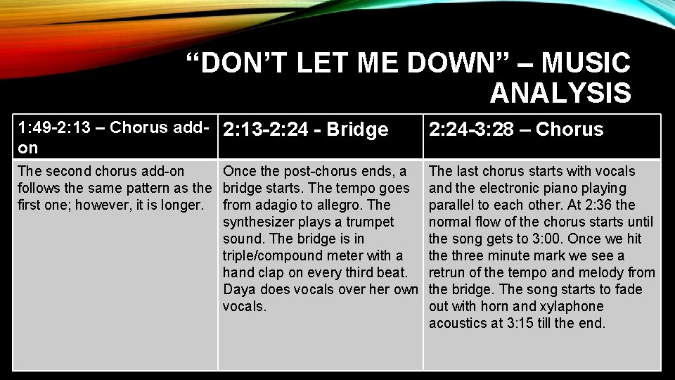 “DON’T LET ME DOWN” – MUSIC ANALYSIS 1: 49 -2: 13 – Chorus add-