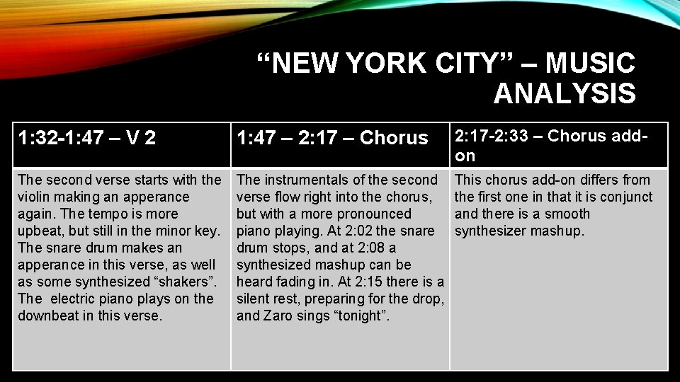 “NEW YORK CITY” – MUSIC ANALYSIS 1: 32 -1: 47 – V 2 1: