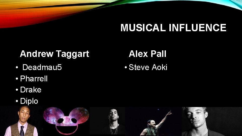 MUSICAL INFLUENCE Andrew Taggart • Deadmau 5 • Pharrell • Drake • Diplo Alex