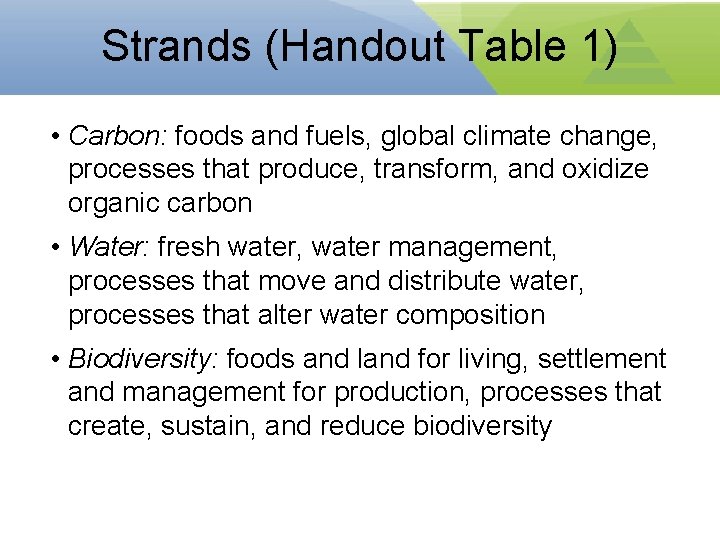 Strands (Handout Table 1) • Carbon: foods and fuels, global climate change, processes that