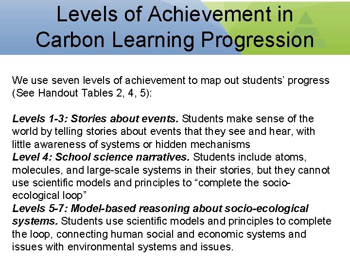 Levels of Achievement in Carbon Learning Progression We use seven levels of achievement to