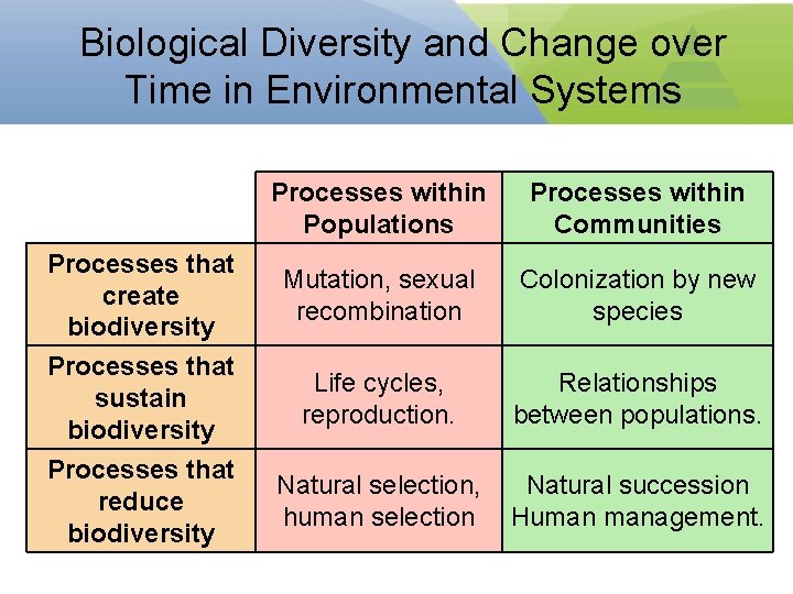 Biological Diversity and Change over Time in Environmental Systems Processes that create biodiversity Processes