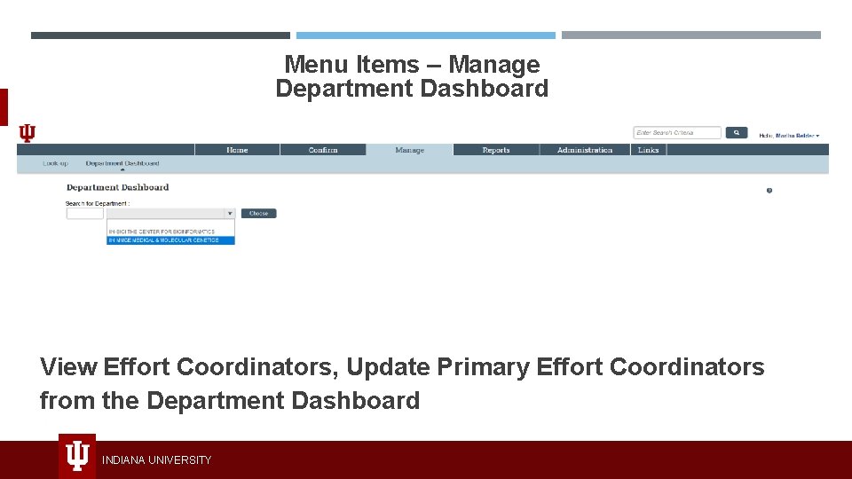 Menu Items – Manage Department Dashboard View Effort Coordinators, Update Primary Effort Coordinators from