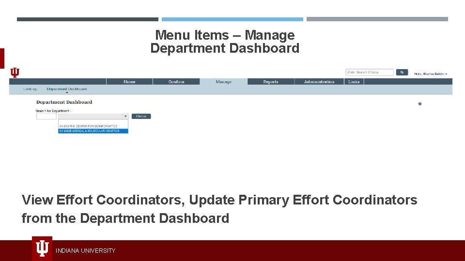 Menu Items – Manage Department Dashboard View Effort Coordinators, Update Primary Effort Coordinators from