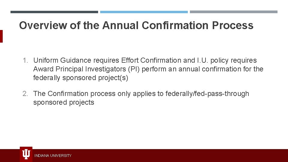 Overview of the Annual Confirmation Process 1. Uniform Guidance requires Effort Confirmation and I.