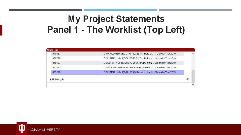 My Project Statements Panel 1 - The Worklist (Top Left) INDIANA UNIVERSITY 