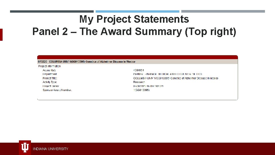 My Project Statements Panel 2 – The Award Summary (Top right) INDIANA UNIVERSITY 