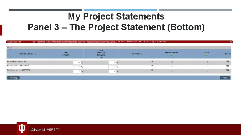 My Project Statements Panel 3 – The Project Statement (Bottom) INDIANA UNIVERSITY 