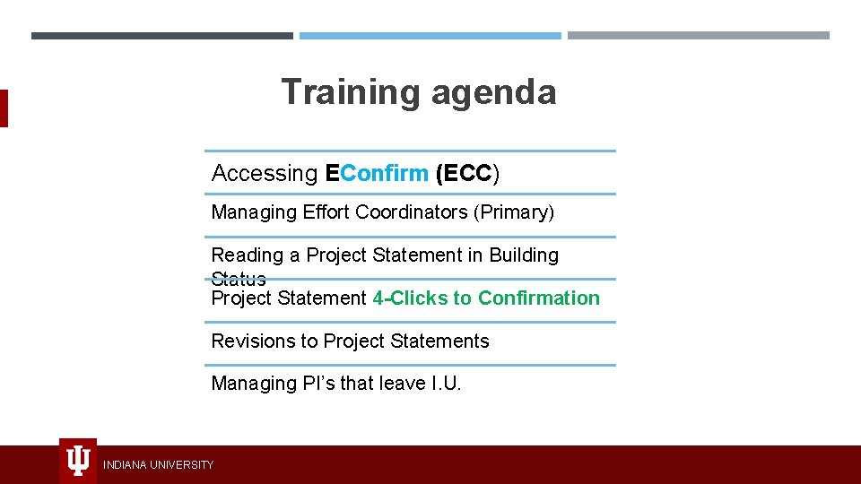 Training agenda Accessing EConfirm (ECC) Managing Effort Coordinators (Primary) Reading a Project Statement in