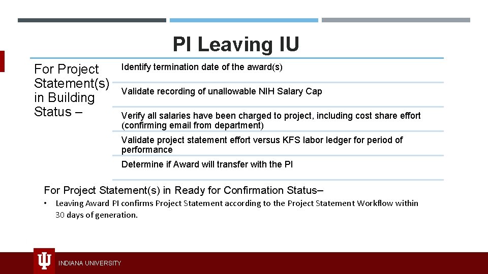 PI Leaving IU For Project Statement(s) in Building Status – Identify termination date of