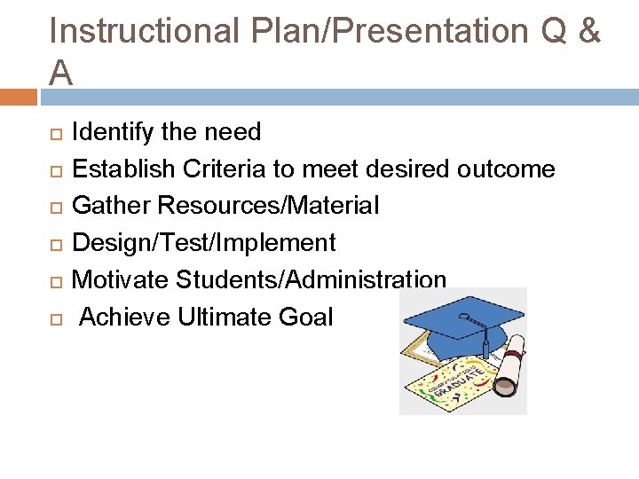 Instructional Plan/Presentation Q & A Identify the need Establish Criteria to meet desired outcome