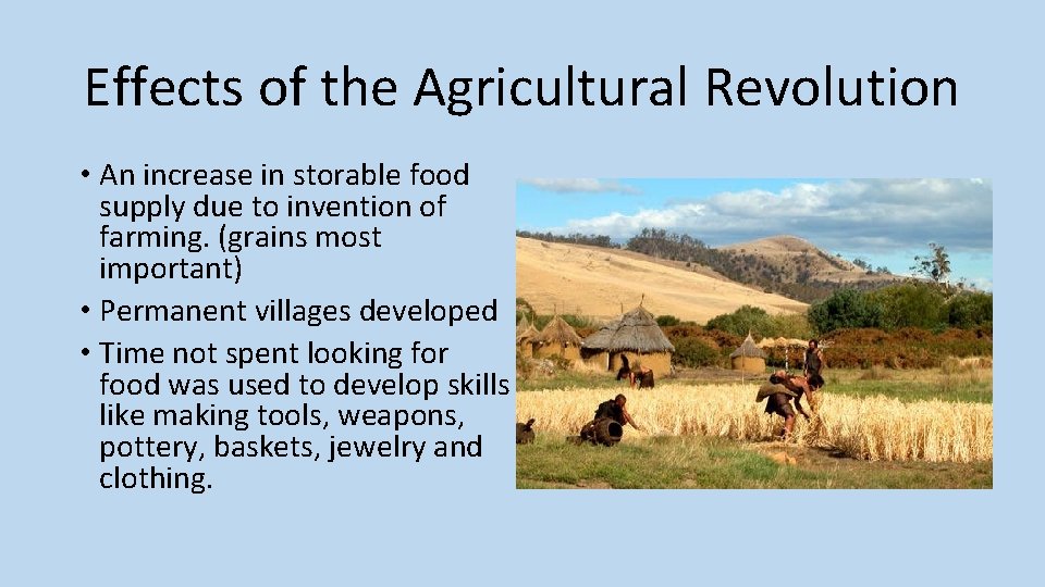 Effects of the Agricultural Revolution • An increase in storable food supply due to