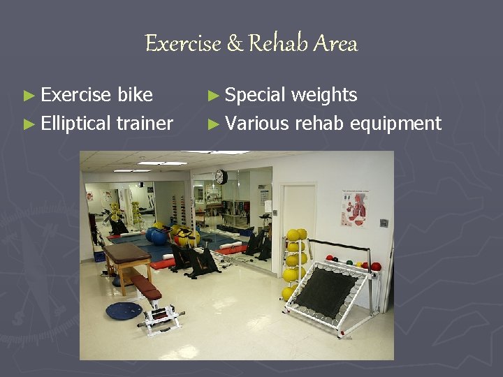 Exercise & Rehab Area ► Exercise bike ► Elliptical trainer ► Special weights ►