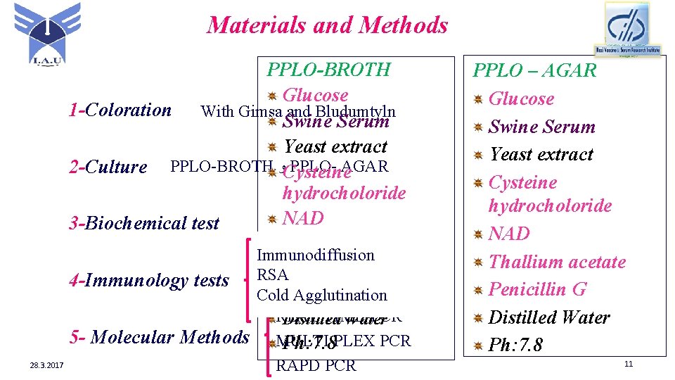 Materials and Methods PPLO-BROTH Glucose 1 -Coloration With Gimsa and Bludumtyln Swine Serum Yeast