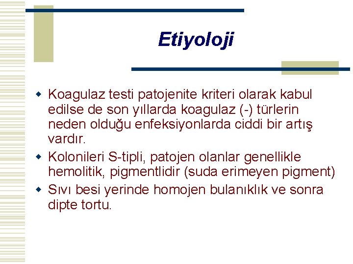 Etiyoloji w Koagulaz testi patojenite kriteri olarak kabul edilse de son yıllarda koagulaz (-)