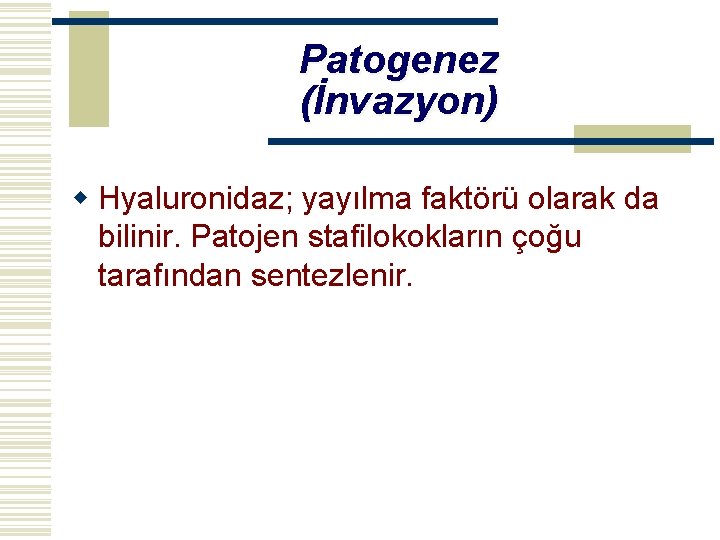 Patogenez (İnvazyon) w Hyaluronidaz; yayılma faktörü olarak da bilinir. Patojen stafilokokların çoğu tarafından sentezlenir.