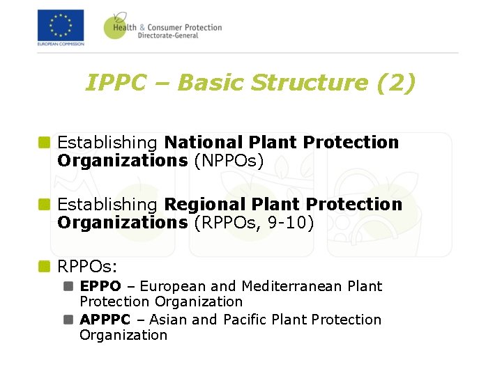 IPPC – Basic Structure (2) Establishing National Plant Protection Organizations (NPPOs) Establishing Regional Plant