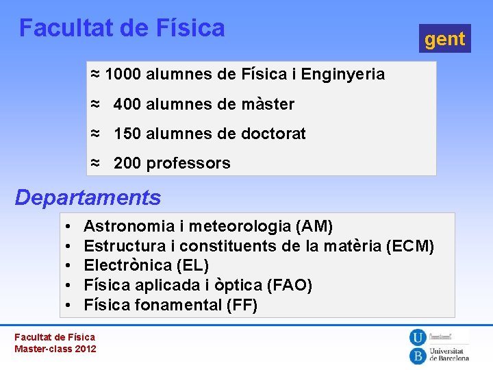 Facultat de Física gent ≈ 1000 alumnes de Física i Enginyeria ≈ 400 alumnes