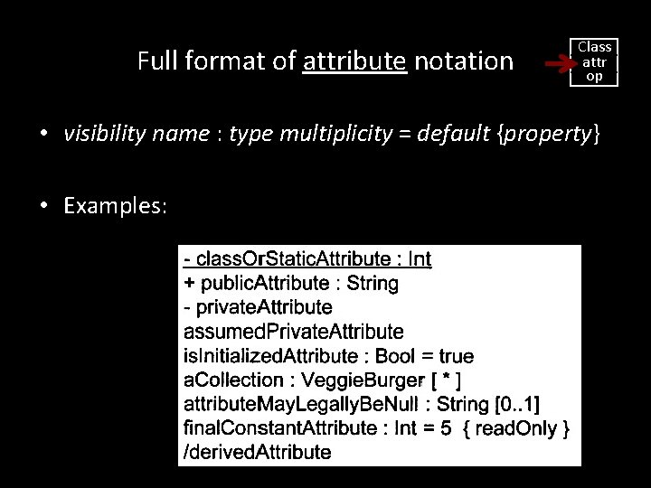Full format of attribute notation Class attr op • visibility name : type multiplicity Full format of attribute notation Class attr op • visibility name : type multiplicity