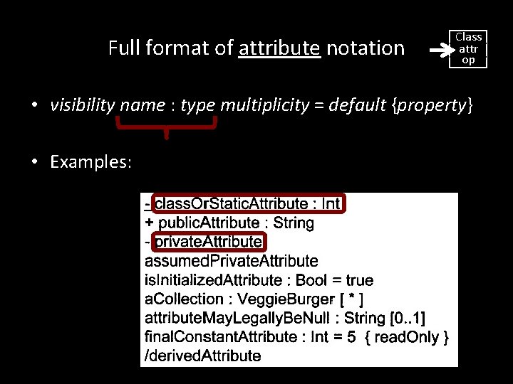 Full format of attribute notation Class attr op • visibility name : type multiplicity Full format of attribute notation Class attr op • visibility name : type multiplicity