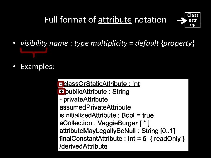 Full format of attribute notation Class attr op • visibility name : type multiplicity Full format of attribute notation Class attr op • visibility name : type multiplicity