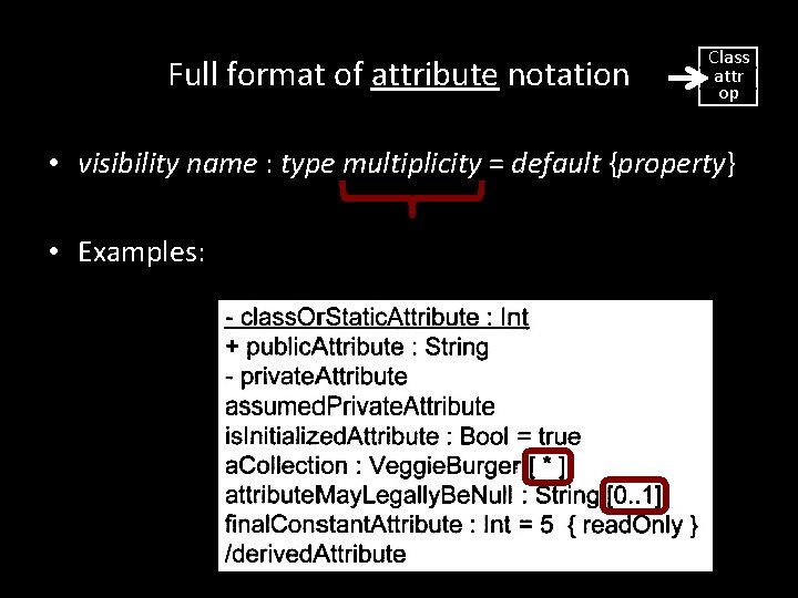 Full format of attribute notation Class attr op • visibility name : type multiplicity Full format of attribute notation Class attr op • visibility name : type multiplicity