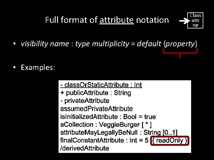 Full format of attribute notation Class attr op • visibility name : type multiplicity Full format of attribute notation Class attr op • visibility name : type multiplicity