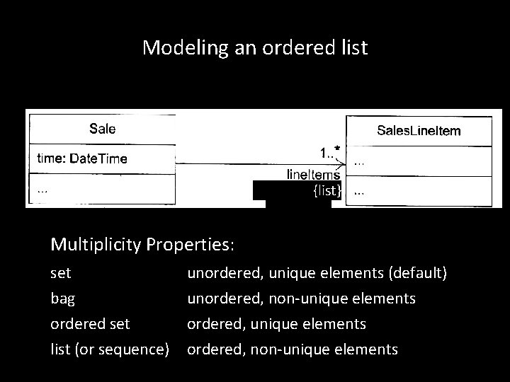 Modeling an ordered list {list} Multiplicity Properties: set bag ordered set list (or sequence) Modeling an ordered list {list} Multiplicity Properties: set bag ordered set list (or sequence)