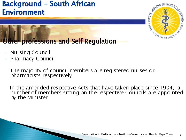 Background – South African Environment Other professions and Self Regulation - Nursing Council Pharmacy Background – South African Environment Other professions and Self Regulation - Nursing Council Pharmacy