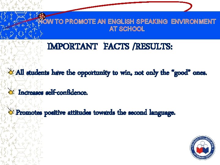 HOW TO PROMOTE AN ENGLISH SPEAKING ENVIRONMENT AT SCHOOL IMPORTANT FACTS /RESULTS: All students