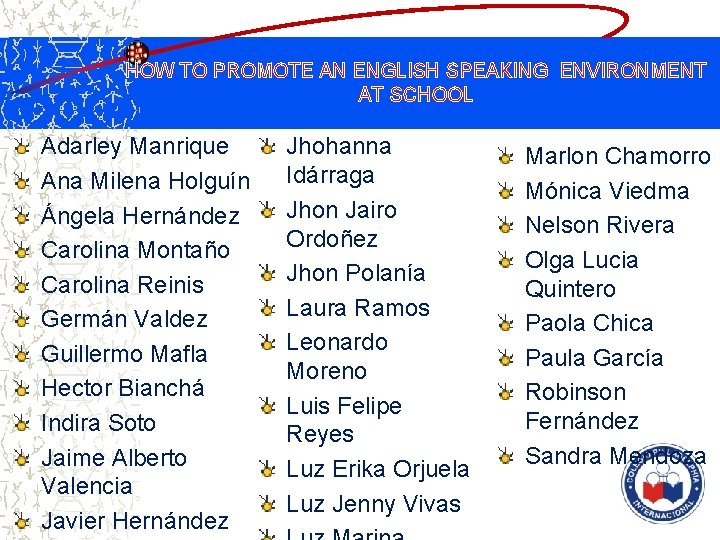 HOW TO PROMOTE AN ENGLISH SPEAKING ENVIRONMENT AT SCHOOL Adarley Manrique Ana Milena Holguín