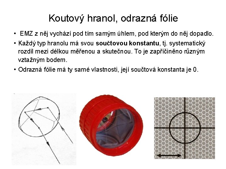 Koutový hranol, odrazná fólie • EMZ z něj vychází pod tím samým úhlem, pod