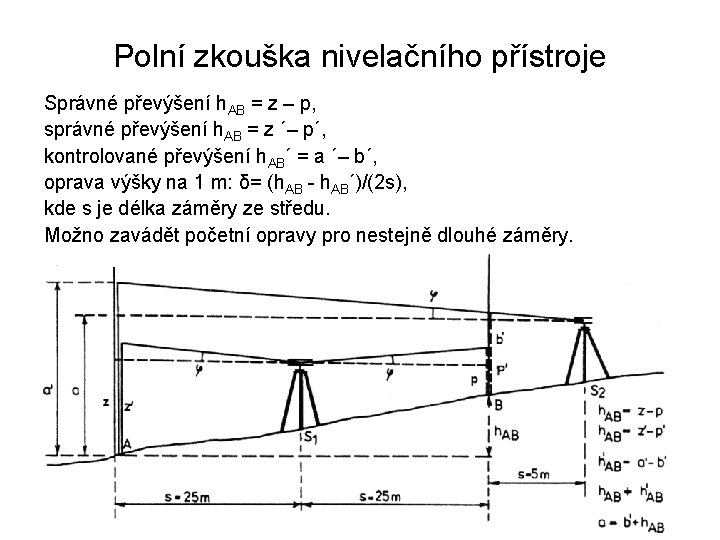 Polní zkouška nivelačního přístroje Správné převýšení h. AB = z – p, správné převýšení