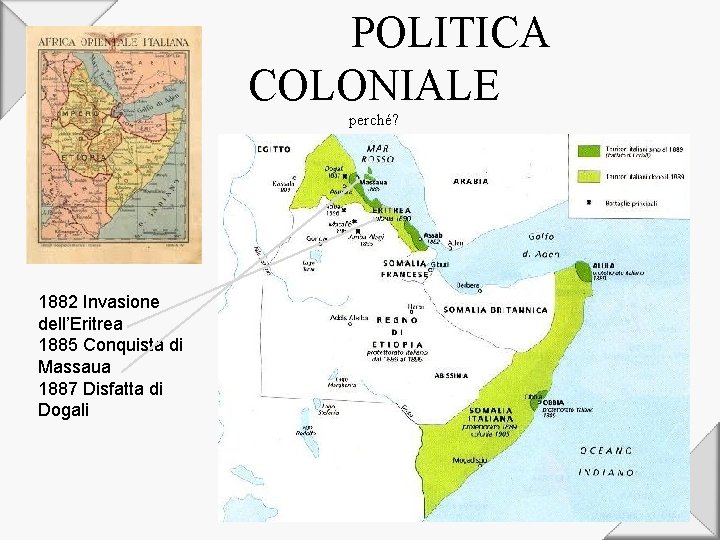 POLITICA COLONIALE perché? 1882 Invasione dell’Eritrea 1885 Conquista di Massaua 1887 Disfatta di Dogali