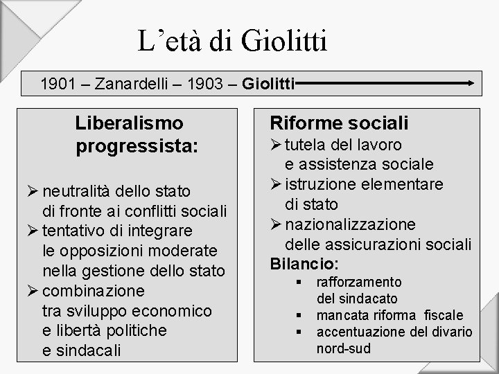 L’età di Giolitti 1901 – Zanardelli – 1903 – Giolitti Liberalismo progressista: Ø neutralità