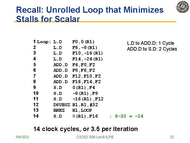 Recall: Unrolled Loop that Minimizes Stalls for Scalar 1 Loop: 2 3 4 5