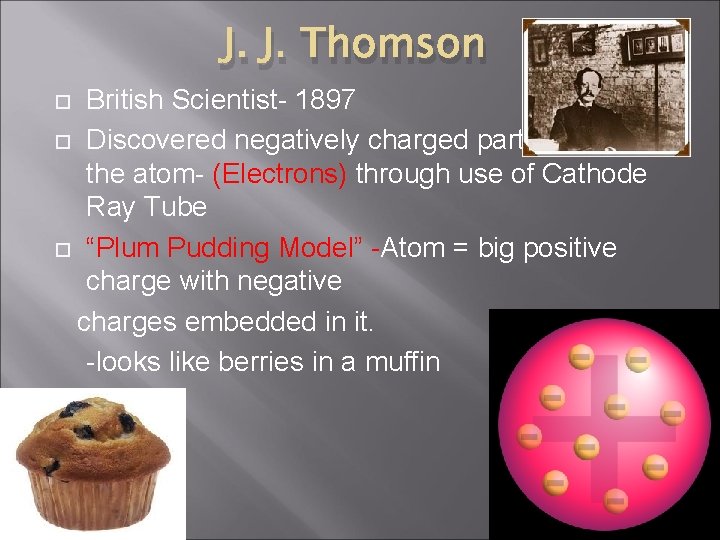 J. J. Thomson British Scientist- 1897 Discovered negatively charged particles within the atom- (Electrons)