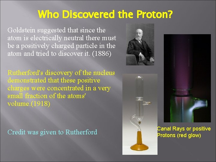 Who Discovered the Proton? Goldstein suggested that since the atom is electrically neutral there