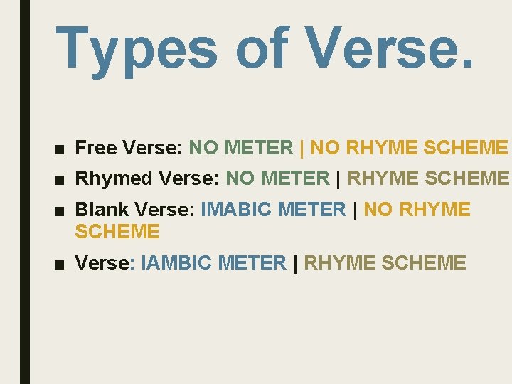 Types of Verse. ■ Free Verse: NO METER | NO RHYME SCHEME ■ Rhymed