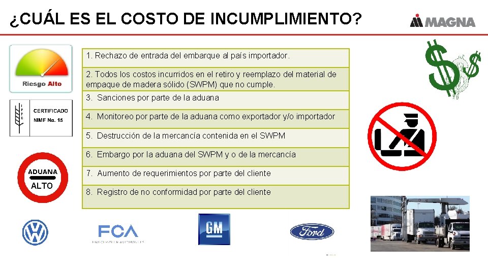 ¿CUÁL ES EL COSTO DE INCUMPLIMIENTO? 1. Rechazo de entrada del embarque al país ¿CUÁL ES EL COSTO DE INCUMPLIMIENTO? 1. Rechazo de entrada del embarque al país