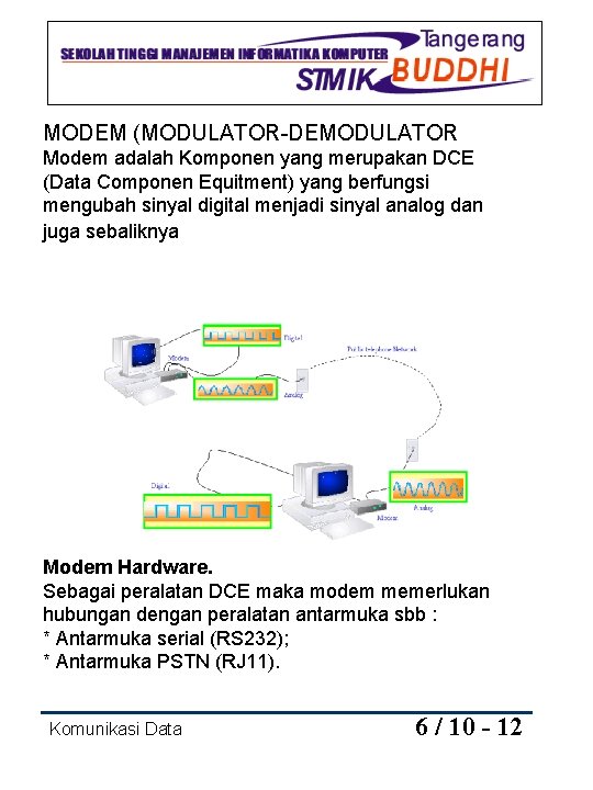 MODEM (MODULATOR-DEMODULATOR Modem adalah Komponen yang merupakan DCE (Data Componen Equitment) yang berfungsi mengubah